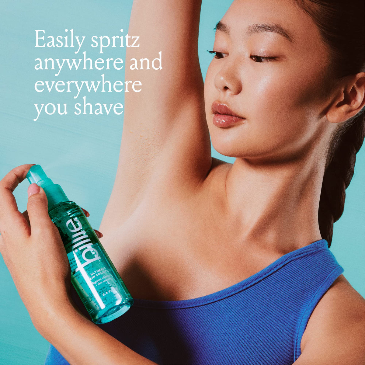 Billie bottle next to hand showing 3.4 fl oz scale for travel-friendly benefit
