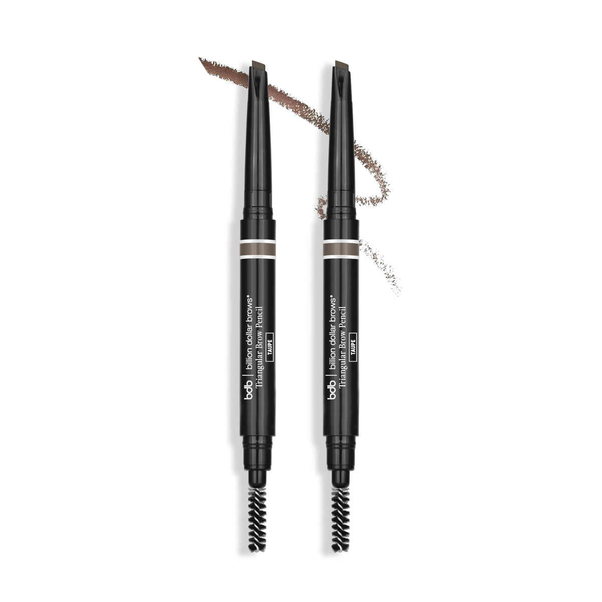 billion dollar brows pencil front view showing triangular tip and thick spoolie for precise shaping