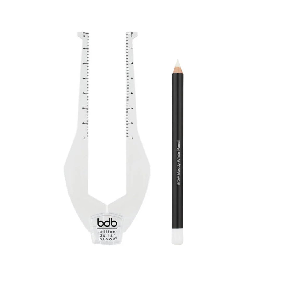 billion dollar brows front view showing tool and pencil for precise shaping