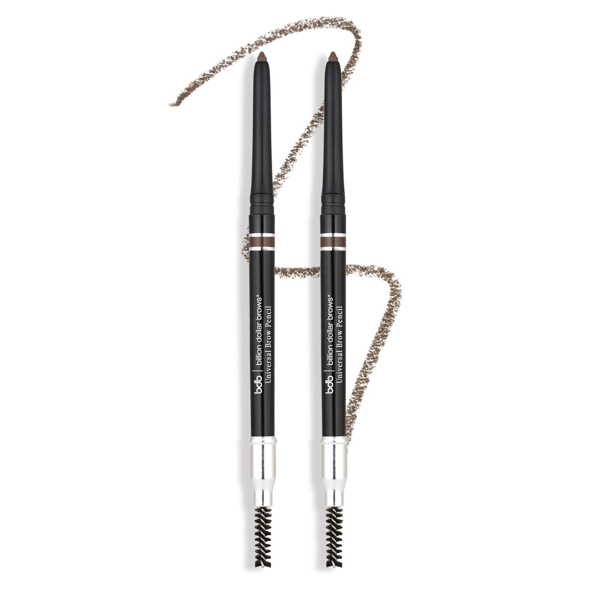 billion dollar brows front packaging showing compact dual-ended pencil and logo benefit: clear product ID