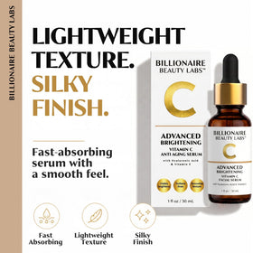 Billionaire Beauty Labs with a one-ounce scale comparison showing travel-friendly size benefit