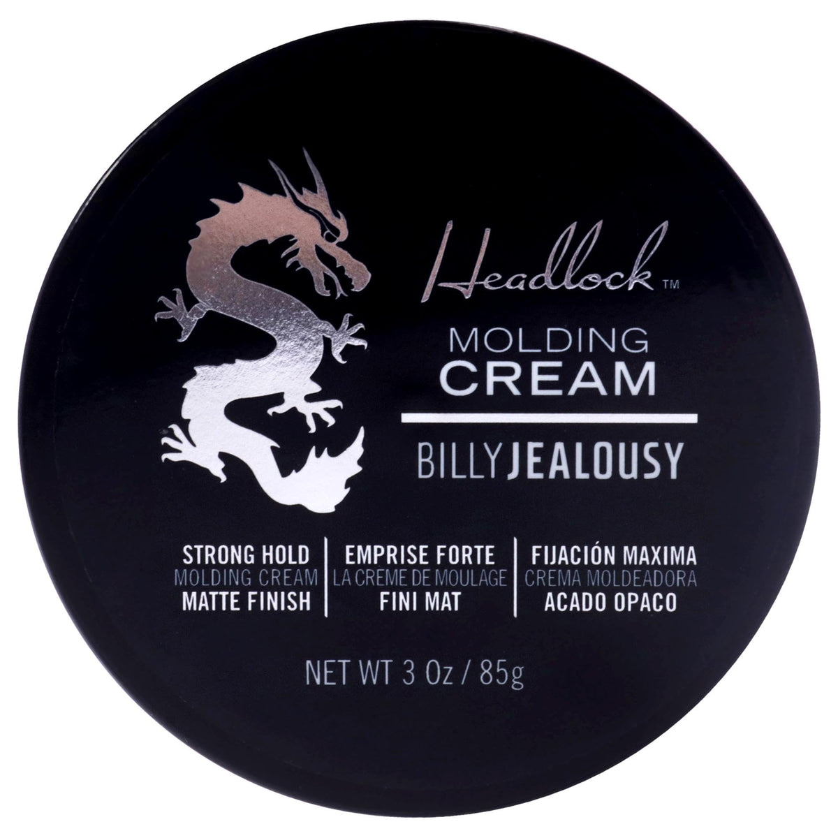 Billy Jealousy front packaging of Headlock cream showing 3 oz jar and branding benefit styling