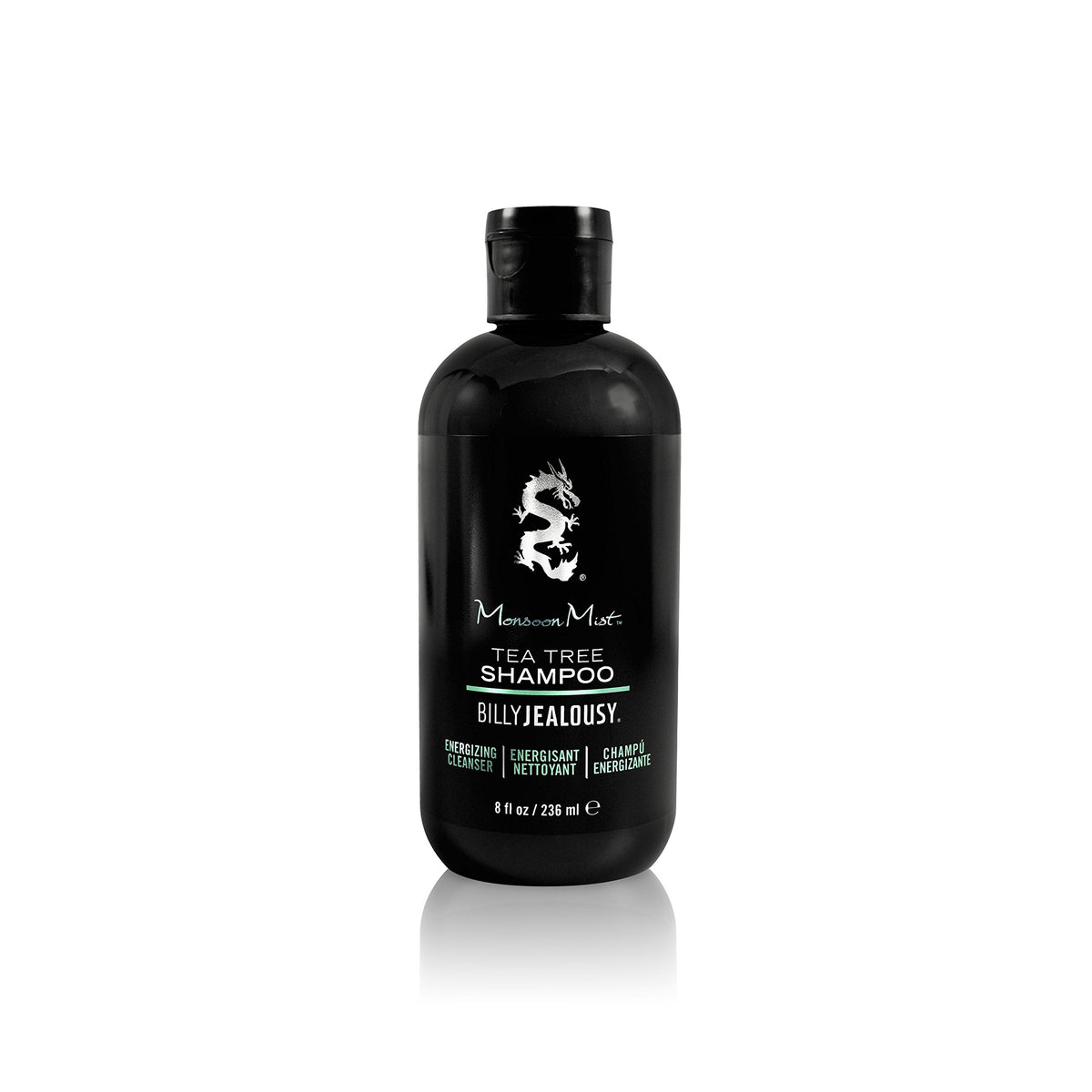 Billy Jealousy front bottle shot showing Monsoon Mist shampoo and refreshing benefit