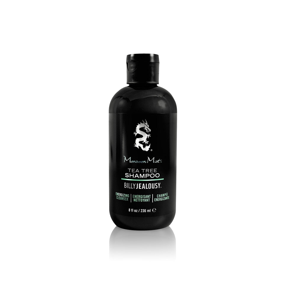 Billy Jealousy front bottle shot showing Monsoon Mist shampoo and refreshing benefit