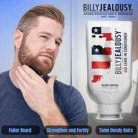 Billy Jealousy product in use as man combs beard showing smoother styling benefit