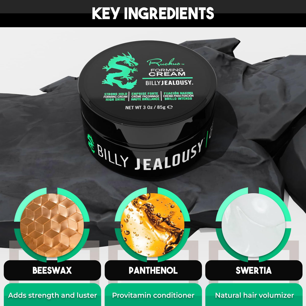 Billy Jealousy Ruckus ingredient label emphasizing natural cosmetic benefits