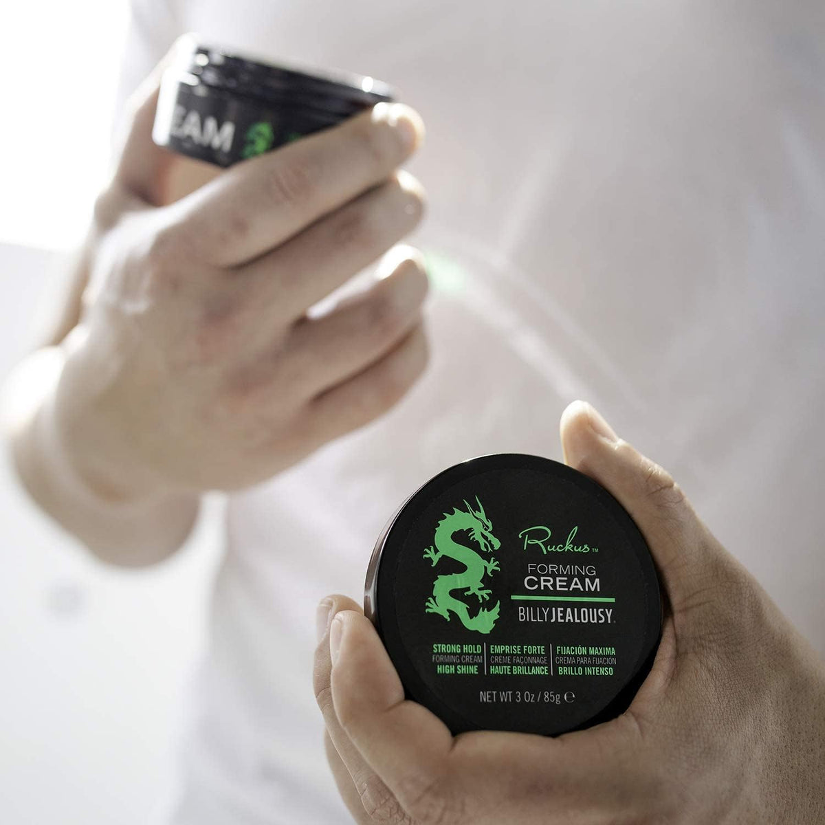 Billy Jealousy Ruckus on bathroom vanity conveying everyday grooming convenience
