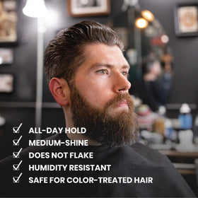 Billy Jealousy styled slick-back on model showing strong hold and medium shine