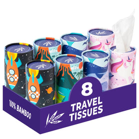 Bim Bam Boo front packaging showing eight bamboo tissue tubes and colorful designs for easy grab-and-go