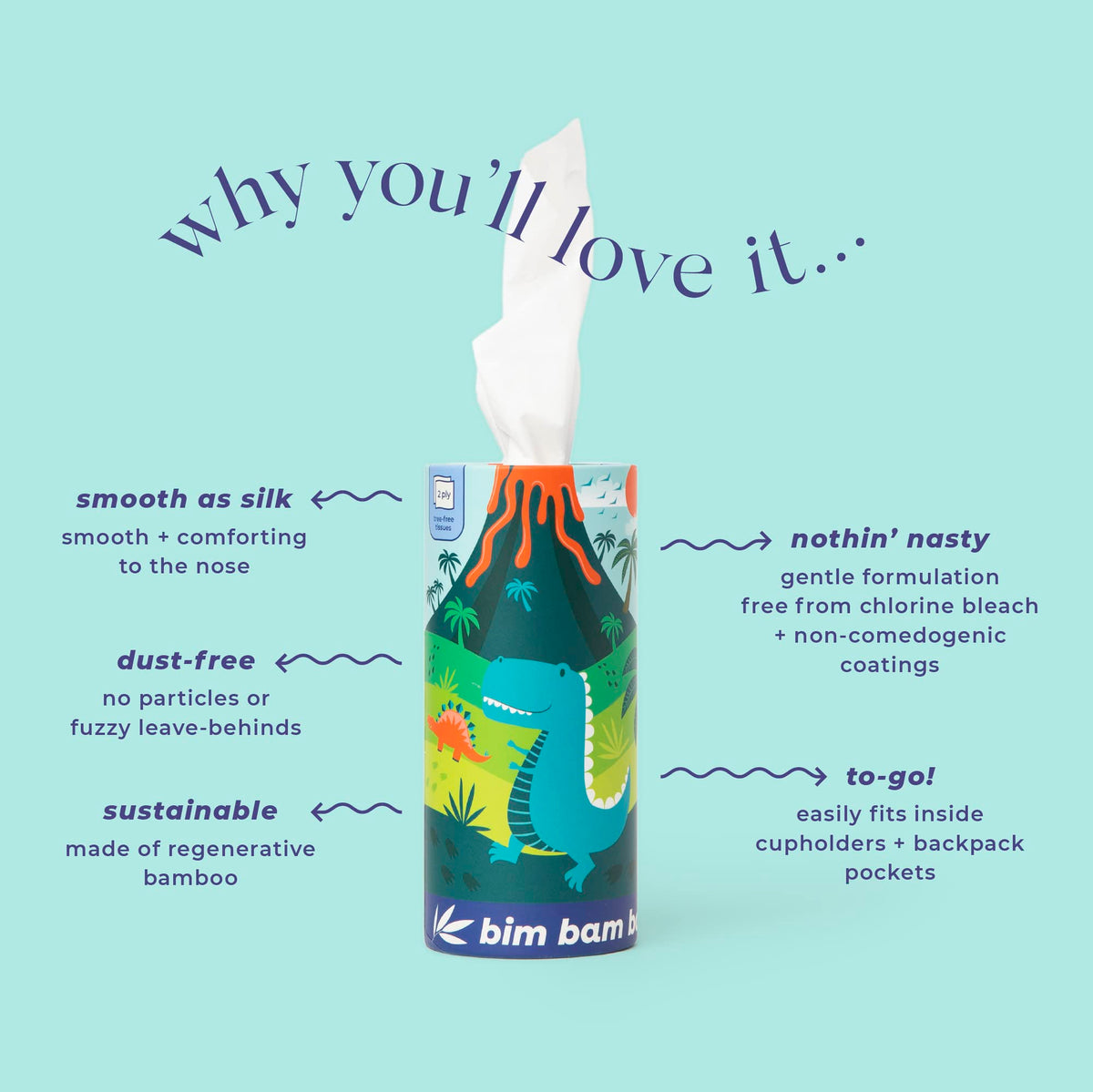 Bim Bam Boo label and eco icons displaying 100% bamboo and tree-free environmental benefits