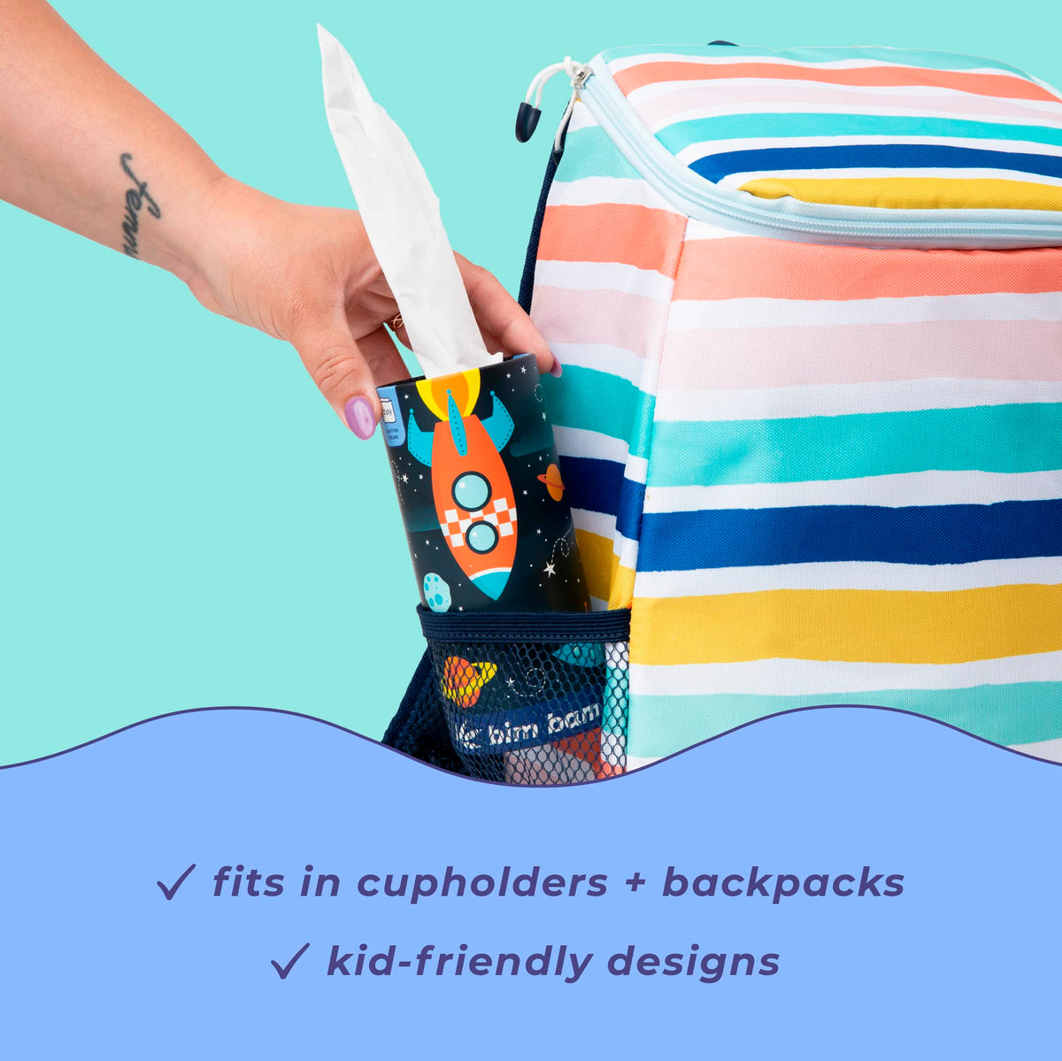 Bim Bam Boo tube next to water bottle showing compact scale for backpacks and travel