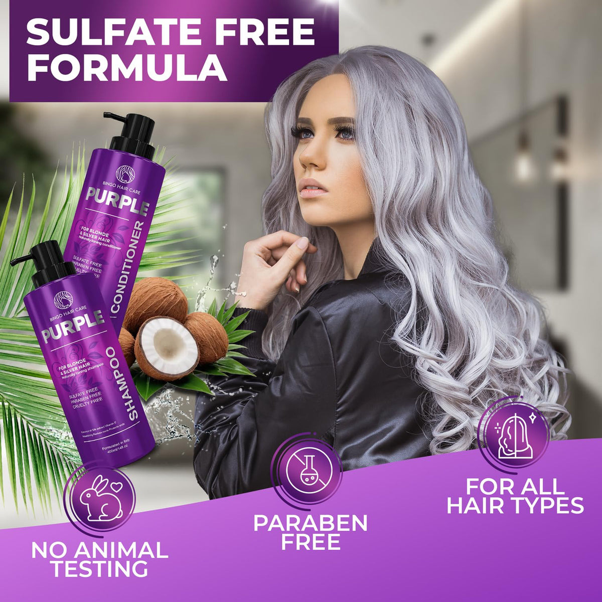 BINGO HAIR CARE bottle label clear view listing sulfate-free and paraben-free benefits