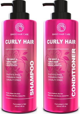 BINGO HAIR CARE front packaging of shampoo and conditioner showing duo benefits