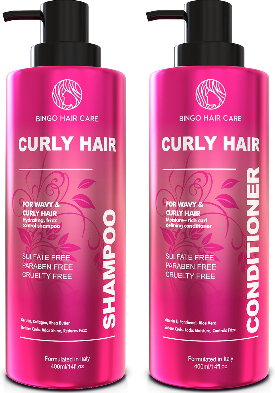 BINGO HAIR CARE front packaging of shampoo and conditioner showing duo benefits