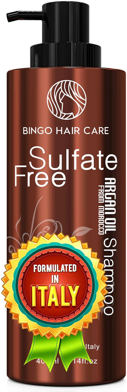 BINGO HAIR CARE front bottle showing Moroccan argan shampoo benefits