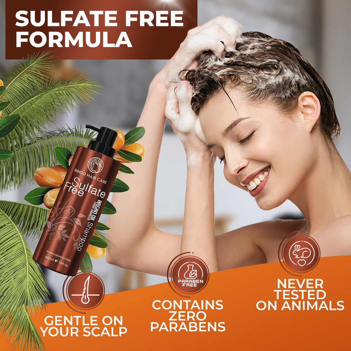 BINGO HAIR CARE shampoo being applied to wet hair for frizz control