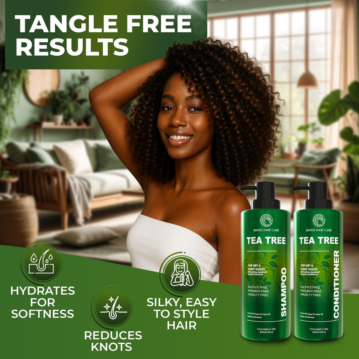 BINGO HAIR CARE model with refreshed hair after use showing managed, less oily roots