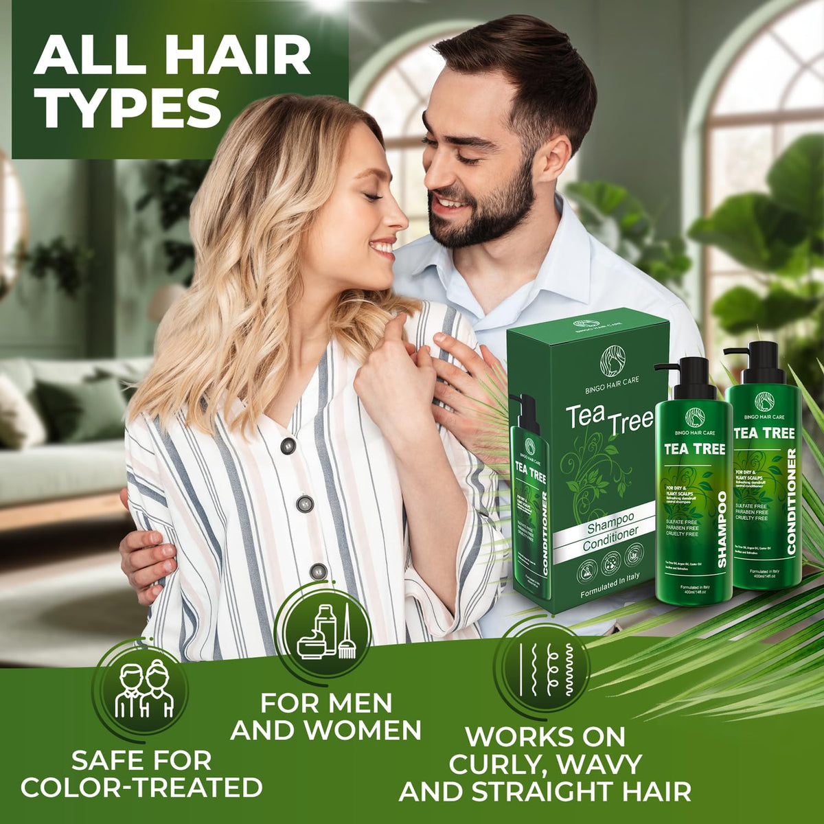BINGO HAIR CARE label close-up featuring tea tree extract and sulfate-free claim