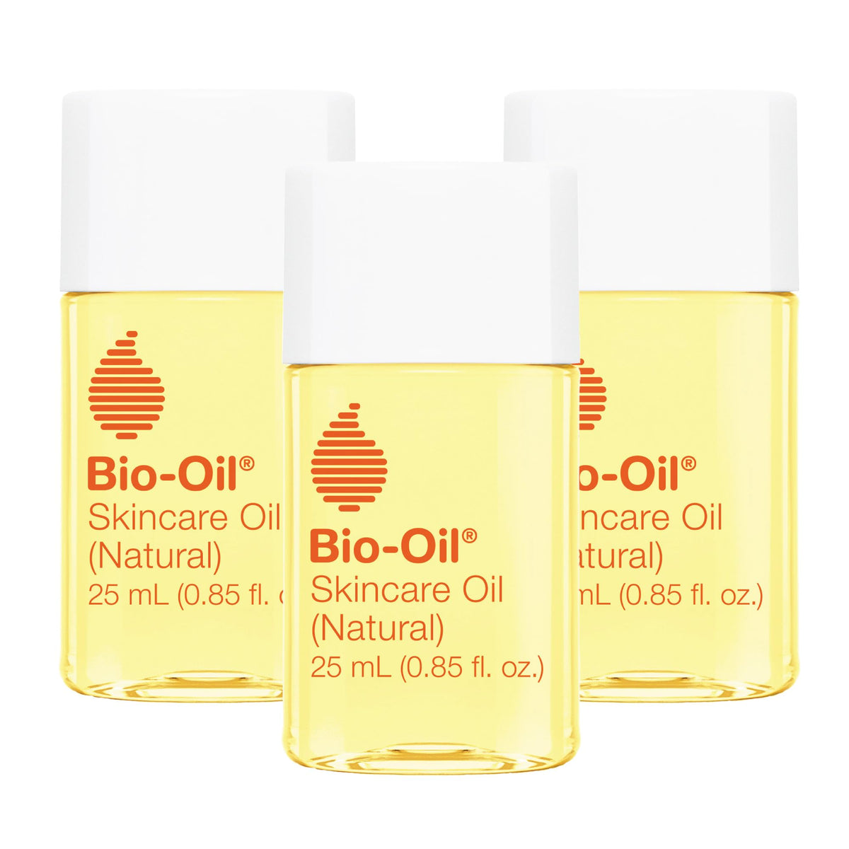 Bio-Oil front packaging showing three 0.85 oz bottles for convenient storage and travel