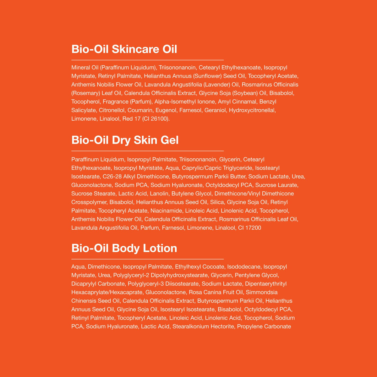 Bio-Oil ingredient label detail highlighting nourishing oil blend
