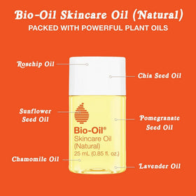 Bio-Oil next to a coin for scale showing compact 0.85 oz bottle convenience