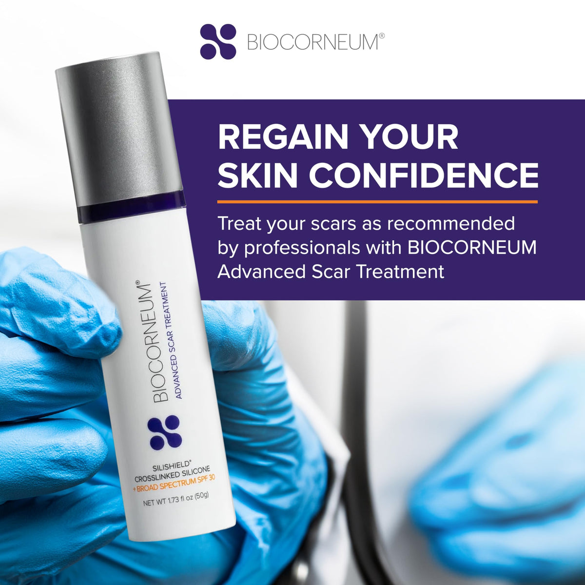 BIOCORNEUM applied to a child's healed scar showing gentle pediatric care benefit