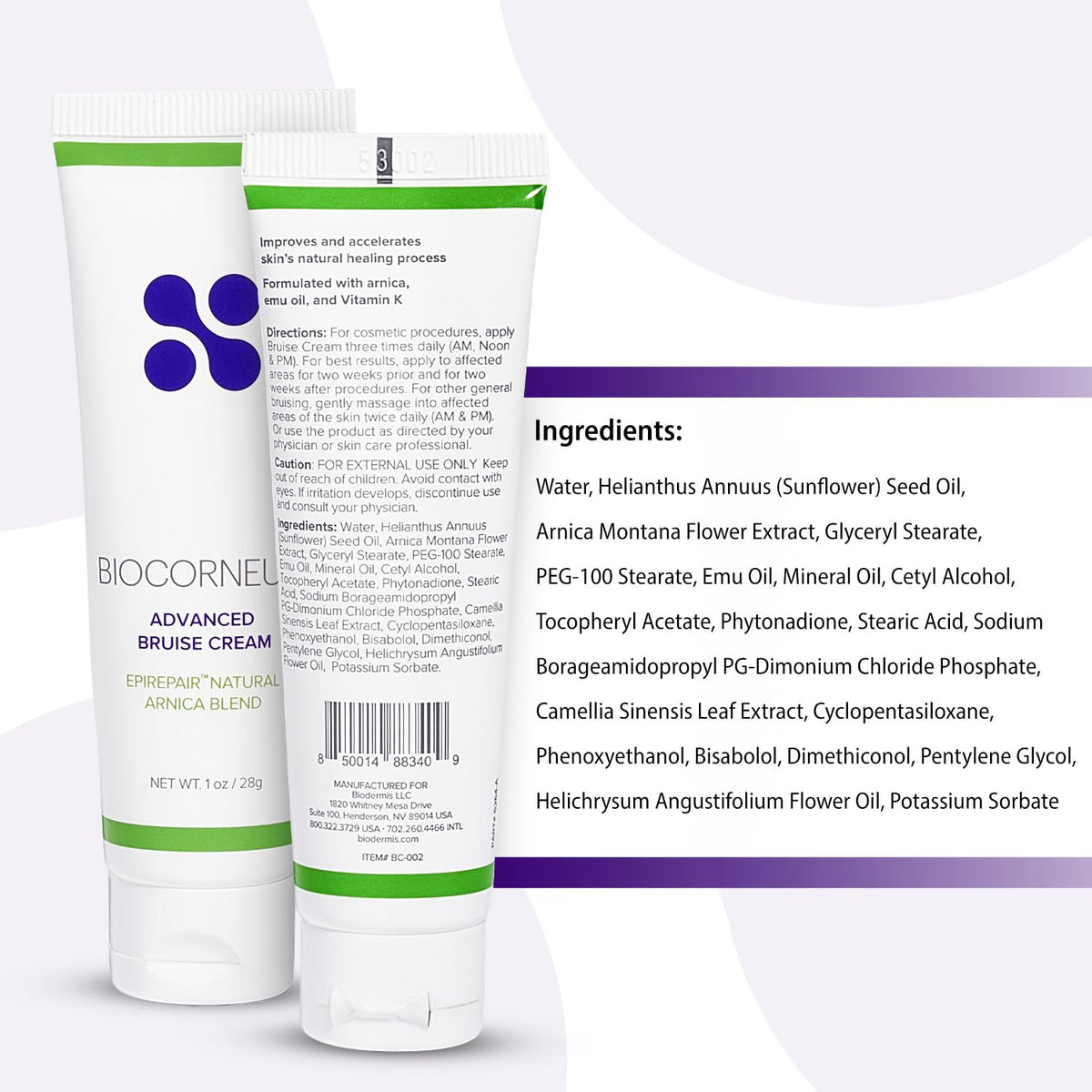 BIOCORNEUM next to Advanced Bruise Supplement illustrating complementary care benefit