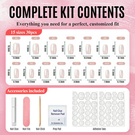 Bioday kit contents with glue, tabs, file and cuticle pusher included for complete application