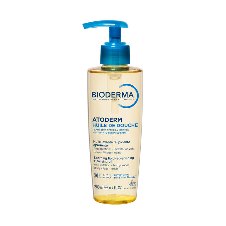 Bioderma Atoderm front packaging showing bottle and cap, clear product recognition and reassurance