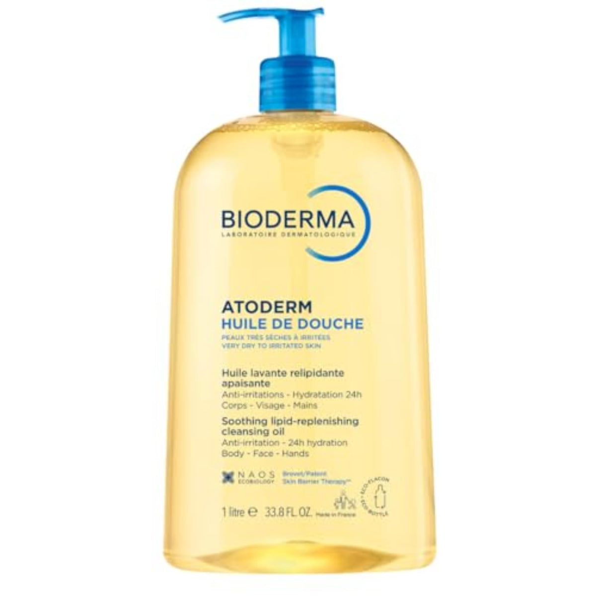 Bioderma Atoderm front bottle showing label and pump, easy family use