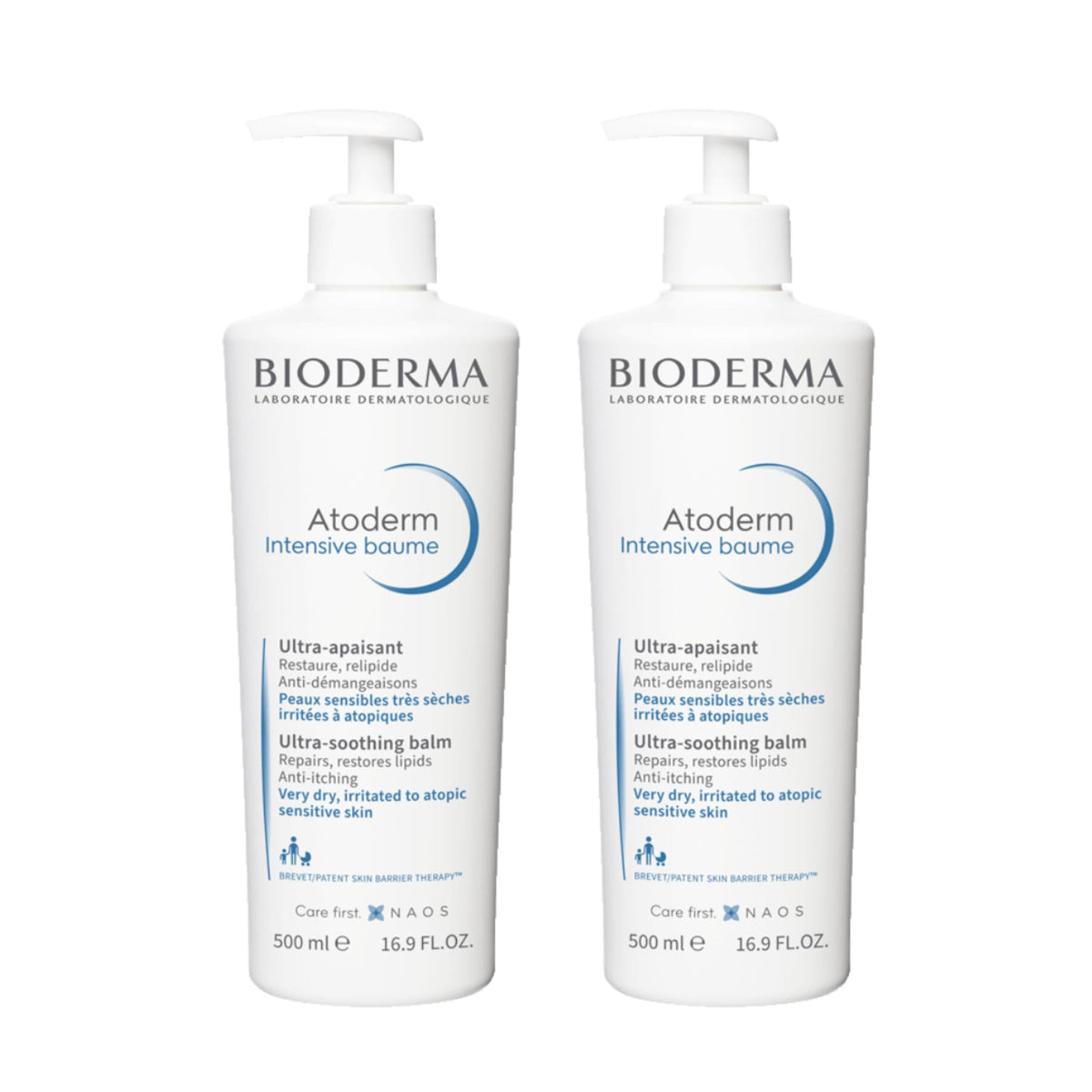 Bioderma Atoderm front packaging showing twin 16.9 fl oz tubs and labeling for long-lasting care