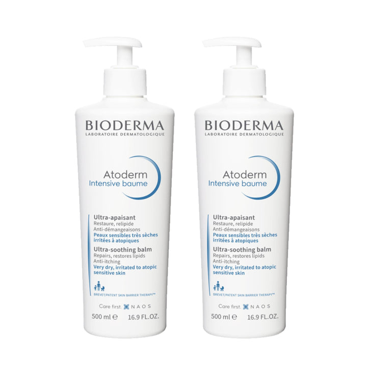 Bioderma Atoderm front packaging showing twin 16.9 fl oz tubs and labeling for long-lasting care