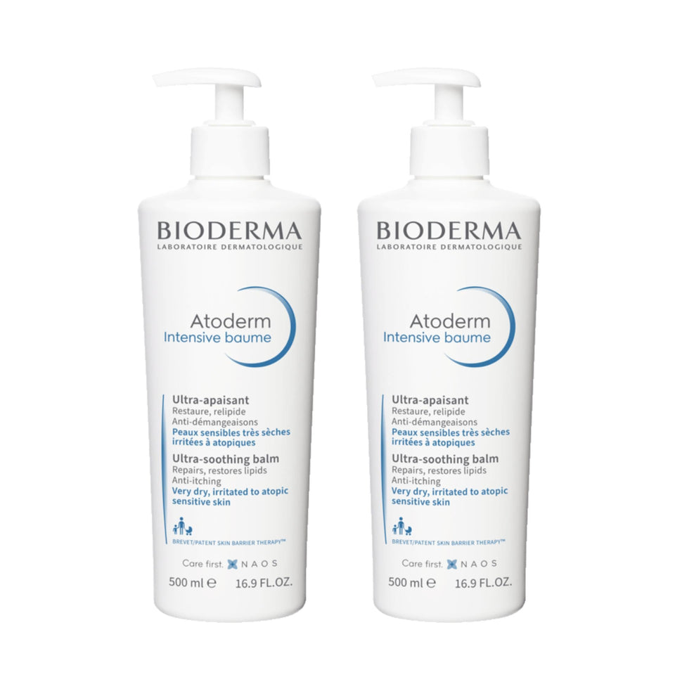 Bioderma Atoderm front packaging showing twin 16.9 fl oz tubs and labeling for long-lasting care