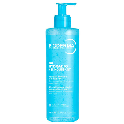 Bioderma Hydrabio foaming gel front packaging showing bottle and cap for daily use