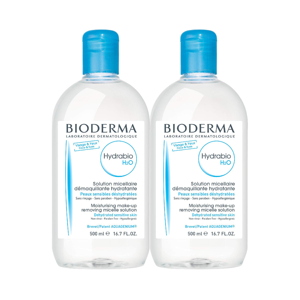 Bioderma bottle front view showing hydrating micellar water benefit