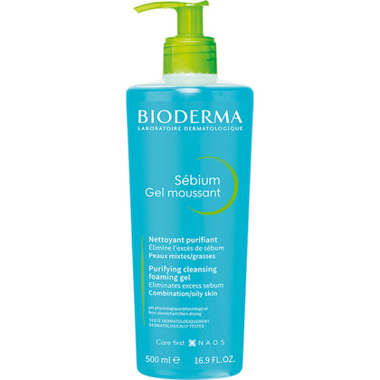 Bioderma front packaging of Sébium Foaming Gel pump showing product clarity and size benefit