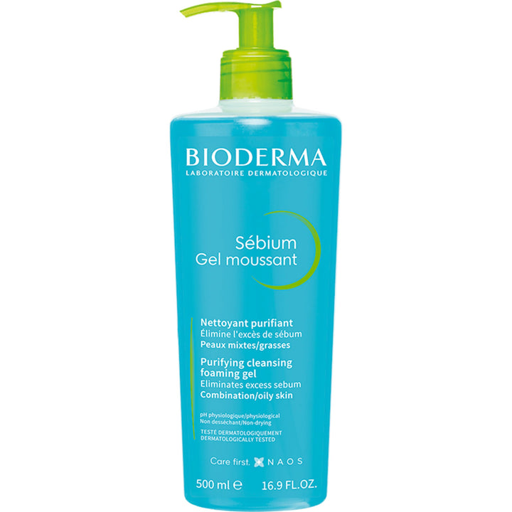 Bioderma front packaging of Sébium Foaming Gel pump showing product clarity and size benefit