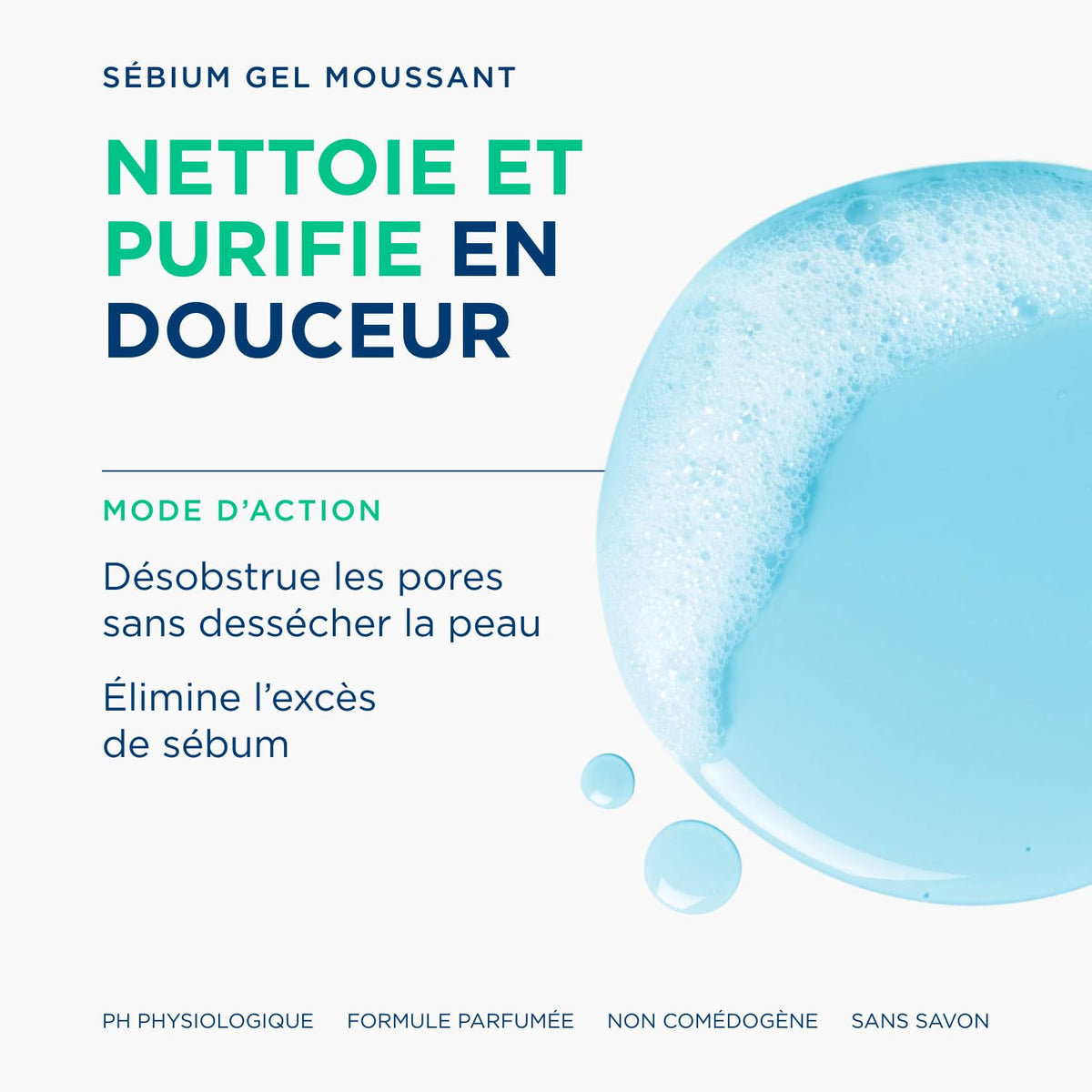 Close-up foam texture of Bioderma Sébium showing airy lather for gentle cleansing benefit