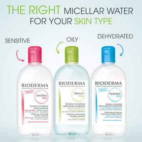 Bioderma Sébium H2O next to a hand for scale showing generous 33.4 fl oz supply