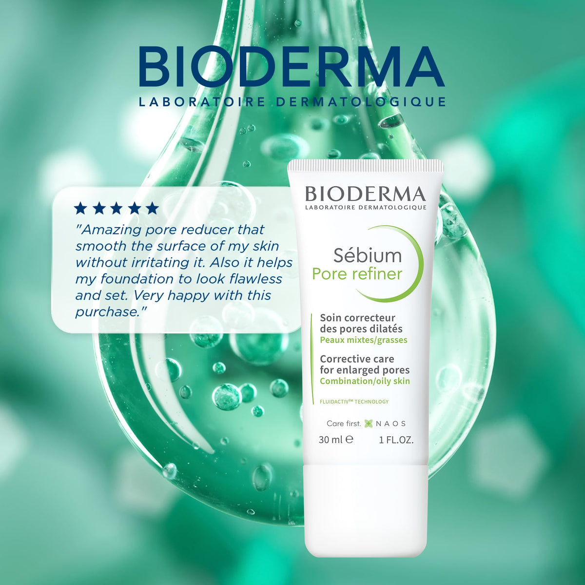 Bioderma before and after skin shot showing reduced shine and refined texture benefit