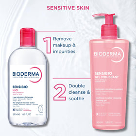 Bioderma bottle on bathroom counter for everyday soothing cleansing