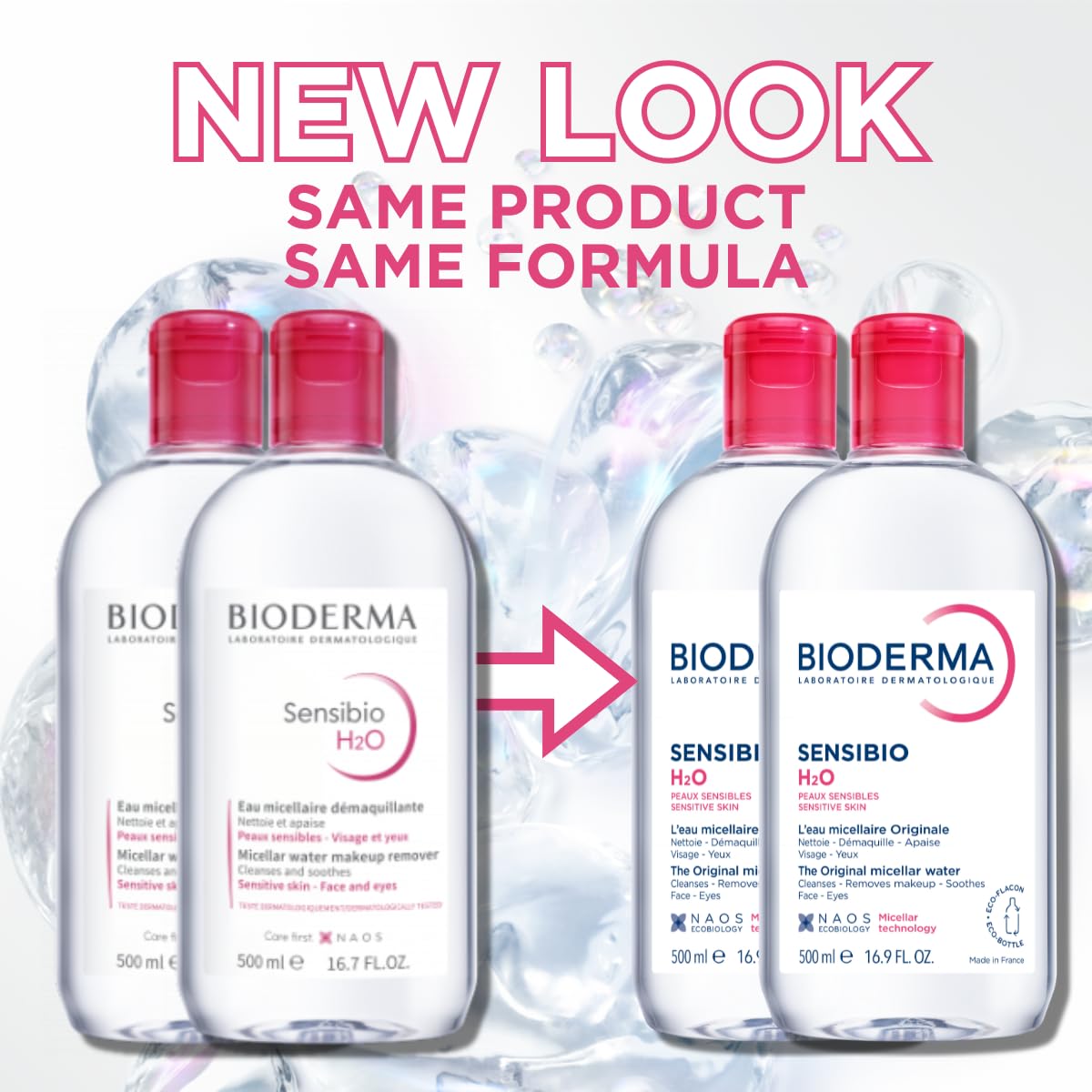 Bioderma pouring micellar water onto cotton pad for easy removal