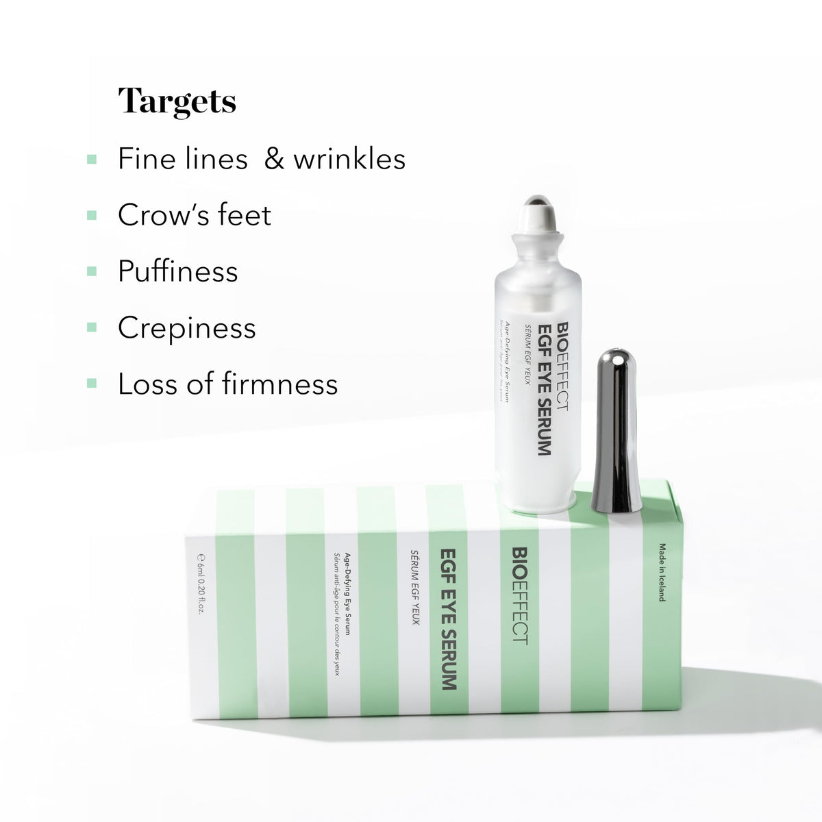 Bioeffect being applied under eye demonstrating de-puffing massage and smooth finish