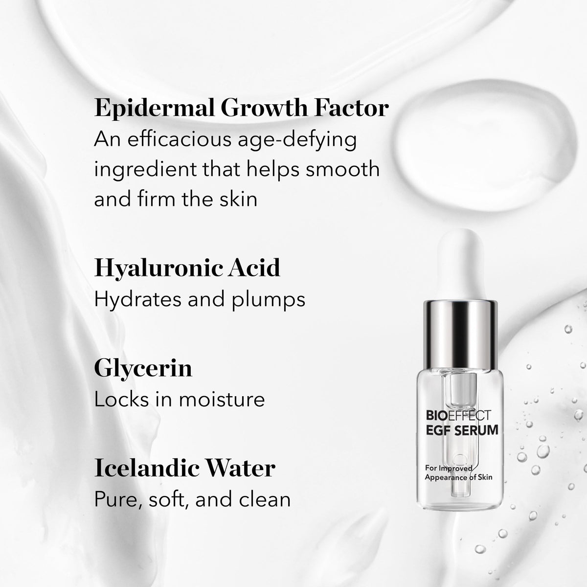 Bioeffect EGF essence texture in palm showing lightweight hydration and skin prepping benefit