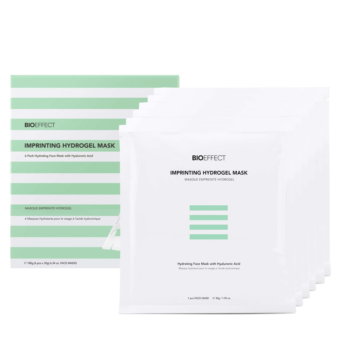 Bioeffect front packaging showing six hydrogel masks and benefits