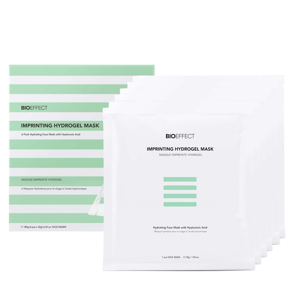 Bioeffect front packaging showing six hydrogel masks and benefits