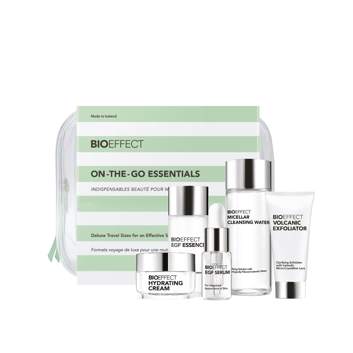 Bioeffect front packaging travel kit showing compact age-defying set benefit convenience