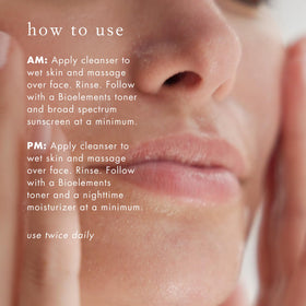 bioelements cleanser staged on bathroom counter suggesting routine