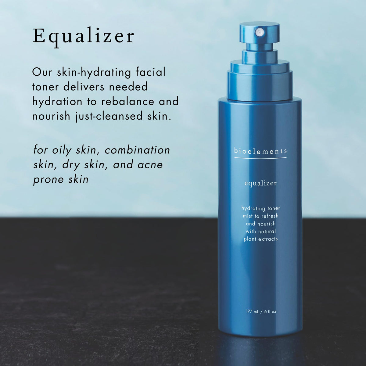 Bioelements Equalizer mist in use refreshing face and enhancing product absorption