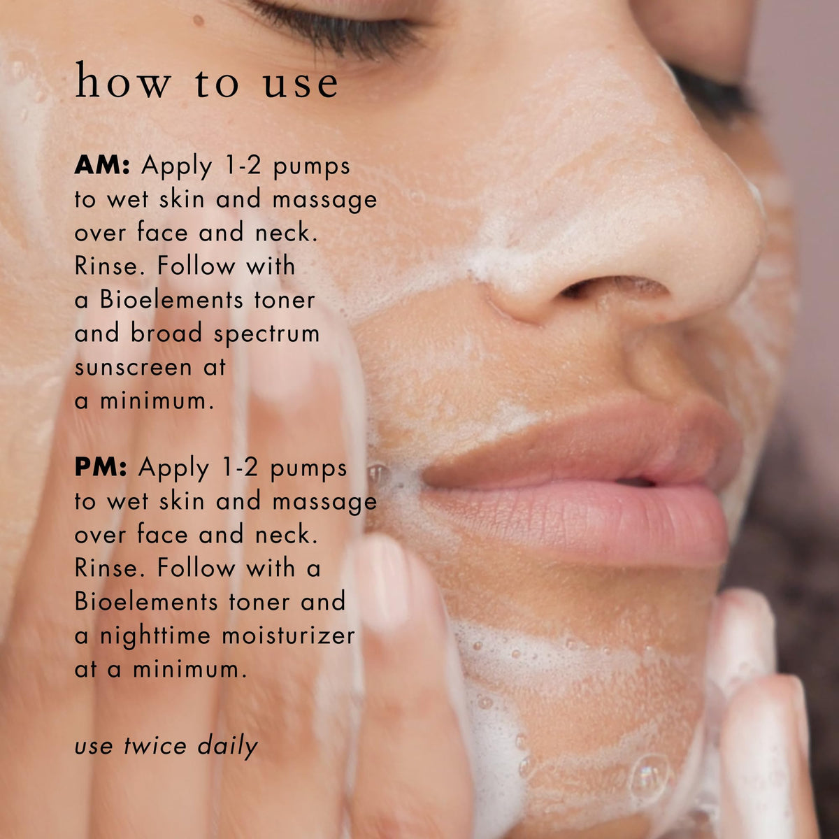 Bioelements being applied to a wet face showing gentle massage and effective makeup removal